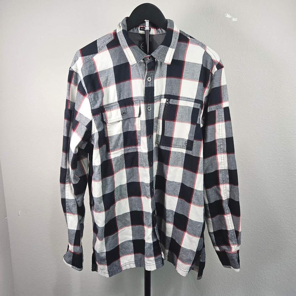 Wrangler ATG Flannel Shirt Mens Large Black White Plaid Elbow Patch Gorpcore